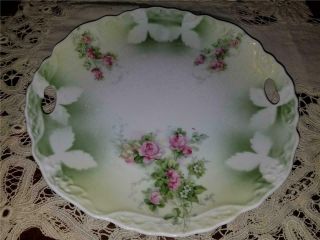 Antique Vintage 9.  5 " German Porcelain Plate Green Pink Roses Shabby Chic Cottage