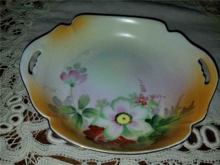 Vintage Hand Painted Flower Nippon Dish Bowl Handles Shabby Chic Cottage Decor