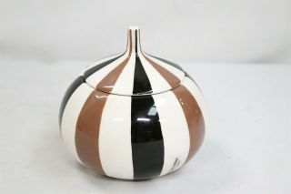 Modernist Jonathan Adler Black Brown White Stripes Lidded Pottery Jar