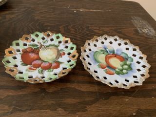 Set Vintage Decorative Fruit Design White Plate With Cut Out Leaf Border Japan