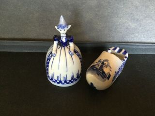 Delft Blue Dutch Girl Bank & Wind Mill Dutch Shoe Hand Painted Porcelain Flowers