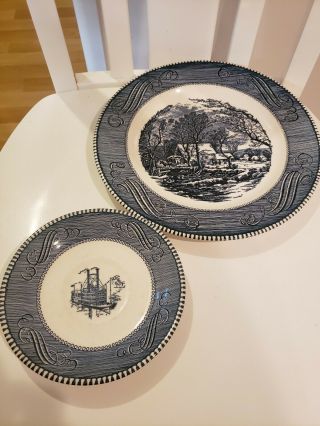 Vintage Currier And Ives Plates - Navy And White - Old Gristmill And Steamboat - Nr