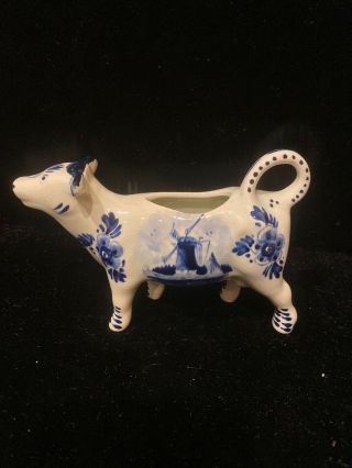 14073 Vintage Porcelain Delft Blue Hand Painted Cow Creamer Holland