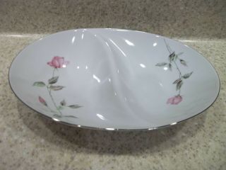 Sango Dawn Rose 11 " Oval Divided Vegetable Dish White Pink Rose Flowers Silver