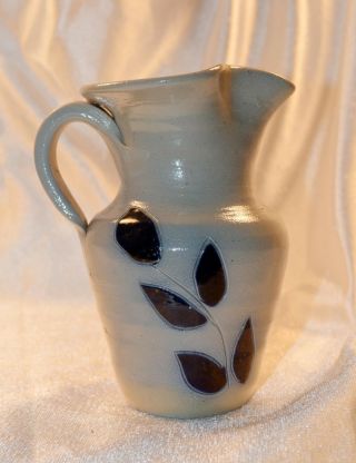 Salt Glaze Stoneware Pottery Creamer Mini Pitcher Blue Leaves Grey Stone