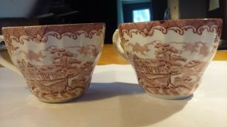 Vintage Transfer Ware Set Of 2 Tea Cups Made In England Red Pink