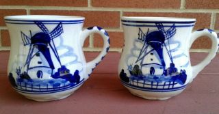 Delft Blue Cups Hand Painted Windmill Floral Set Of 2 Coffee Tea E.  H.  180e