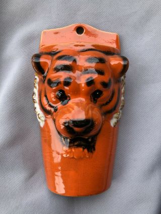 Vintage Wall Pocket Ceramic Bengal Tiger Bright Orange And Black Slotted Back