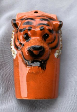 Vintage Wall Pocket Ceramic Bengal Tiger Bright Orange and Black Slotted Back 2