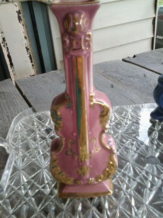 Vintage Ceramic Violin Wall Pocket / Tabletop Vase - Pink/rose & Gilt 8.  5 " Tall.