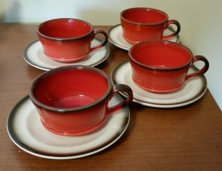 Vintage Red Rooster Poppytrail By Metlox - Set Of 4 Cup/saucer - Made In California
