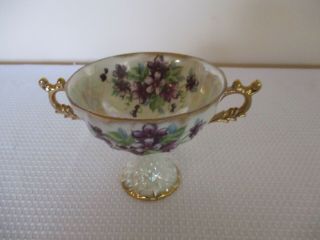 Royal Sealy China Japan Iridescent Double - Handled Flower Pedestal Tea Cup