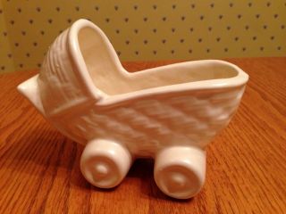 Vintage Authentic Haeger Art Pottery Planter Matte White Baby Carriage Buggy