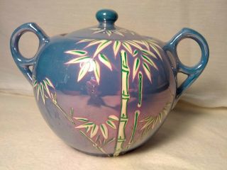 Vintage Rs Lusterware Sugar Bowl With Lid Blue With Bamboo Trim