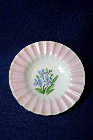 Vintage Lyngby Denmark Signed Miniature Trinket Dish Blue Flowers W/ Pink Rim