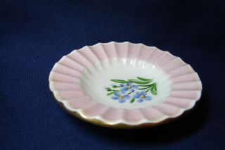 Vintage Lyngby Denmark SIGNED Miniature Trinket Dish Blue Flowers w/ Pink Rim 2