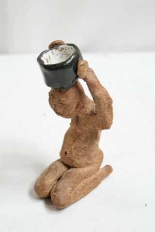 Mcm Crude Sculptured Man Holding A Bowl On His Head Studio Pottery Figurine
