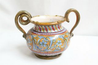 Antique Italian Majolica 4 Snake Handled Flower Pottery Urn Bowl