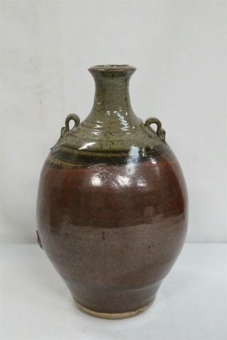 Mcm Ken Williams 2 Handled Red Oxide Green Ringed Studio Pottery Vase Bottle