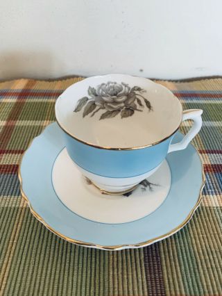 Crown Straffordshire Fine Bone China Tea Cup & Saucer - Light Blue/white/rose