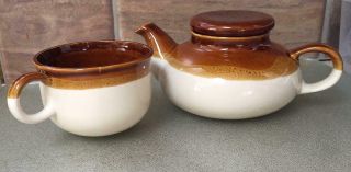 Vintage Stoneware Tea Pot With Lid & Cup Usa Pottery Brown And Cream