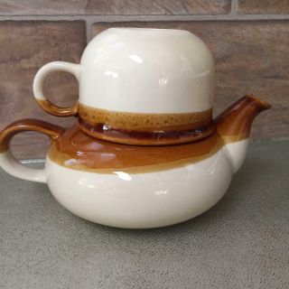 Vintage Stoneware Tea Pot with Lid & Cup USA Pottery Brown and Cream 4