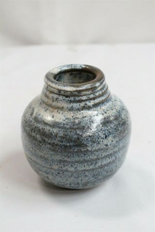 Mcm Blue White Ringed Spotted Ovoid Studio Pottery Vase Signed Eames Interest
