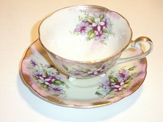 Royal Sealy China Japan 3 Toed Teacup And Saucer W/ Violets & Gold Trim