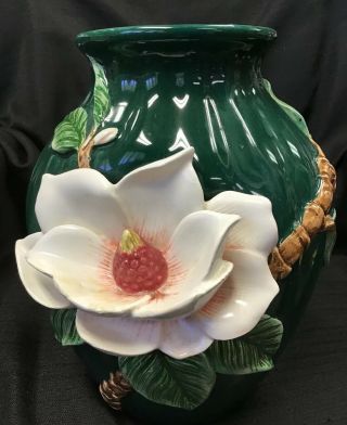 Vintage Capodimonte 11 Vase W.  Applied White And Pink Flowers C 1995 Dark Green