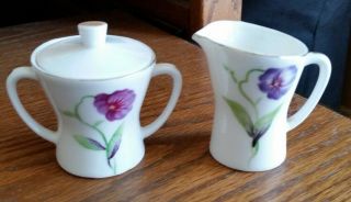 Vintage Individual White Bone China Sugar Bowl/creamer Set - Purple Flower